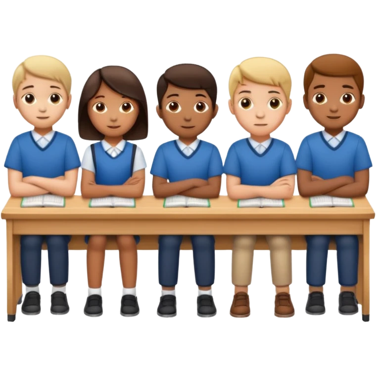five school children not wearing uniform sitting in a row behind their school desks emoji
