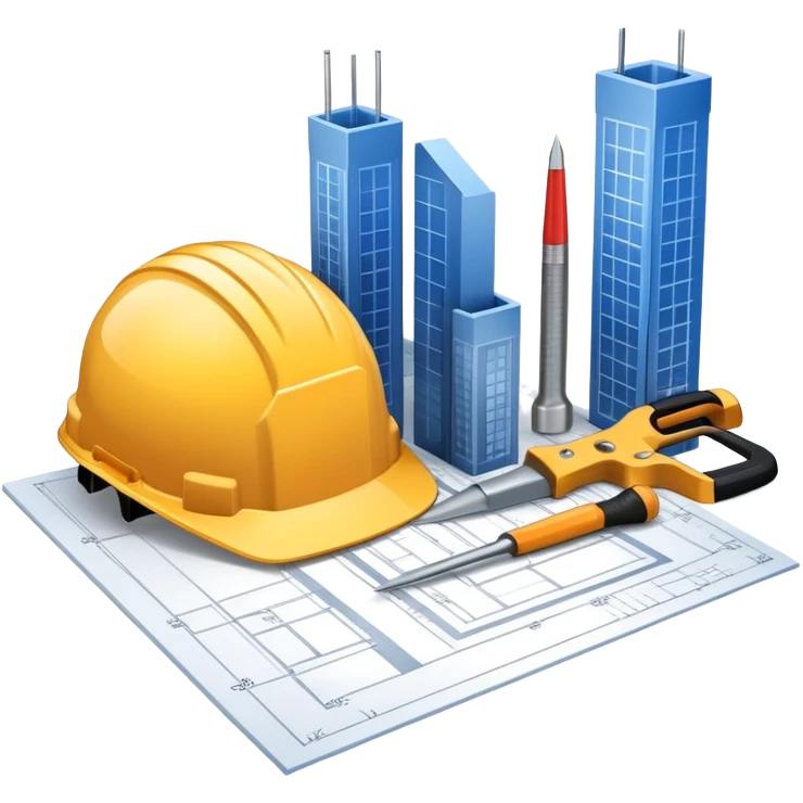 An icon featuring a blueprint, a hard hat, and construction tools, symbolizing architecture and construction. The design includes a ruler, building materials, and a skyscraper, representing the design and building process. Transparent background highlights the art and science of creating structures. emoji