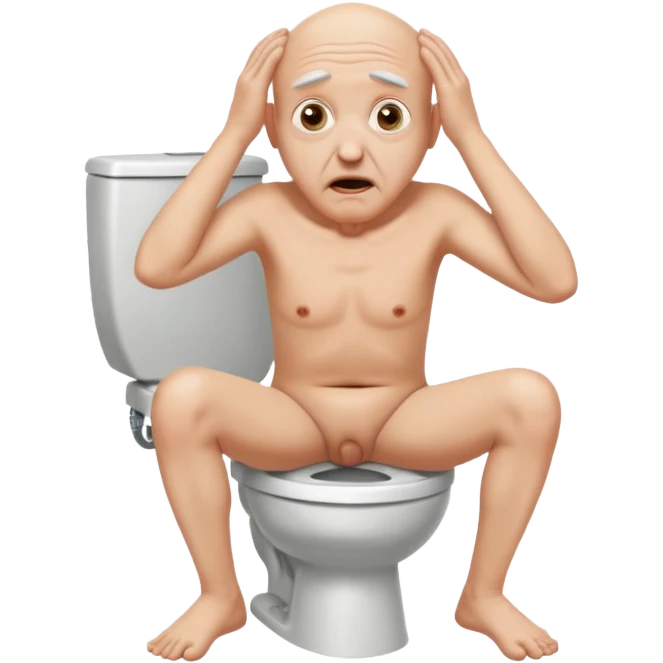 A bald person who’s very old is staring, he’s inside a toilet and his head is upright and looking at the camera with very wide eyes and his hands are putting pressure on his head, very scared expression and he’s twerking emoji