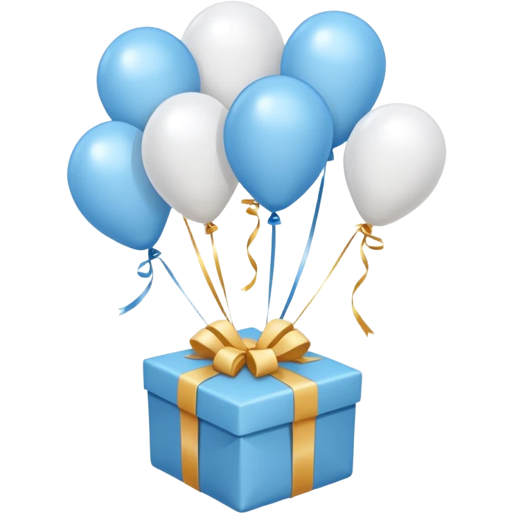 Please make light blue and white balloons too, make several and tie them to a gift, the gifts with the most balloons, make the light blue and white balloons emoji