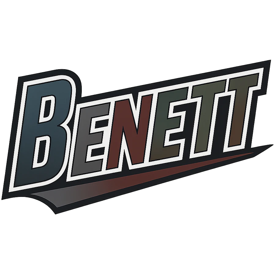 Benett name in masculine, modern gradient font with precise Hungarian characters, dark contour, extra wide and prominent white letter frame as in reference images, dynamic slanted underline, masculine color shades (blue, gray, burgundy, green, brown), 1000x1000 px, PNG, transparent background emoji