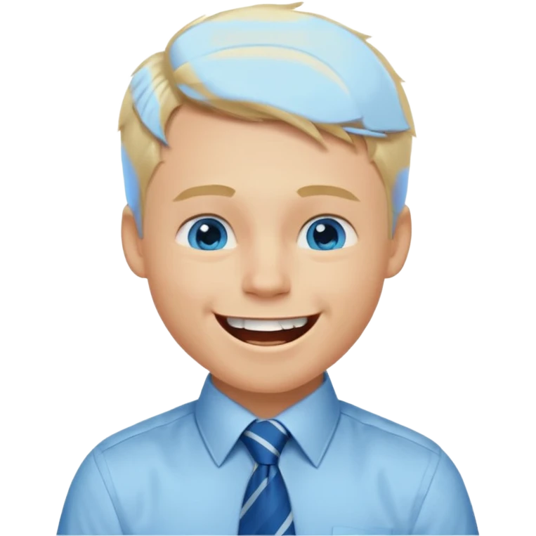 A young guy with blonde hair and blue eyes that looks masculine. make him wear a shirt with a tie. he is danish. He is laughing extremely hard. More extreme expression emoji