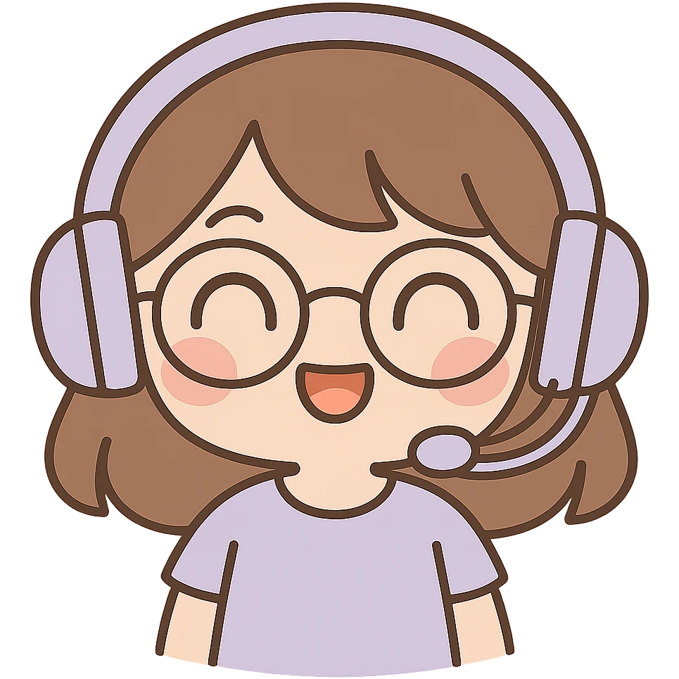 Edit the image to depict a female brunette with glasses and a purple gaming headset in chibi style, with a happy facial expression. Keep the background transparent. emoji