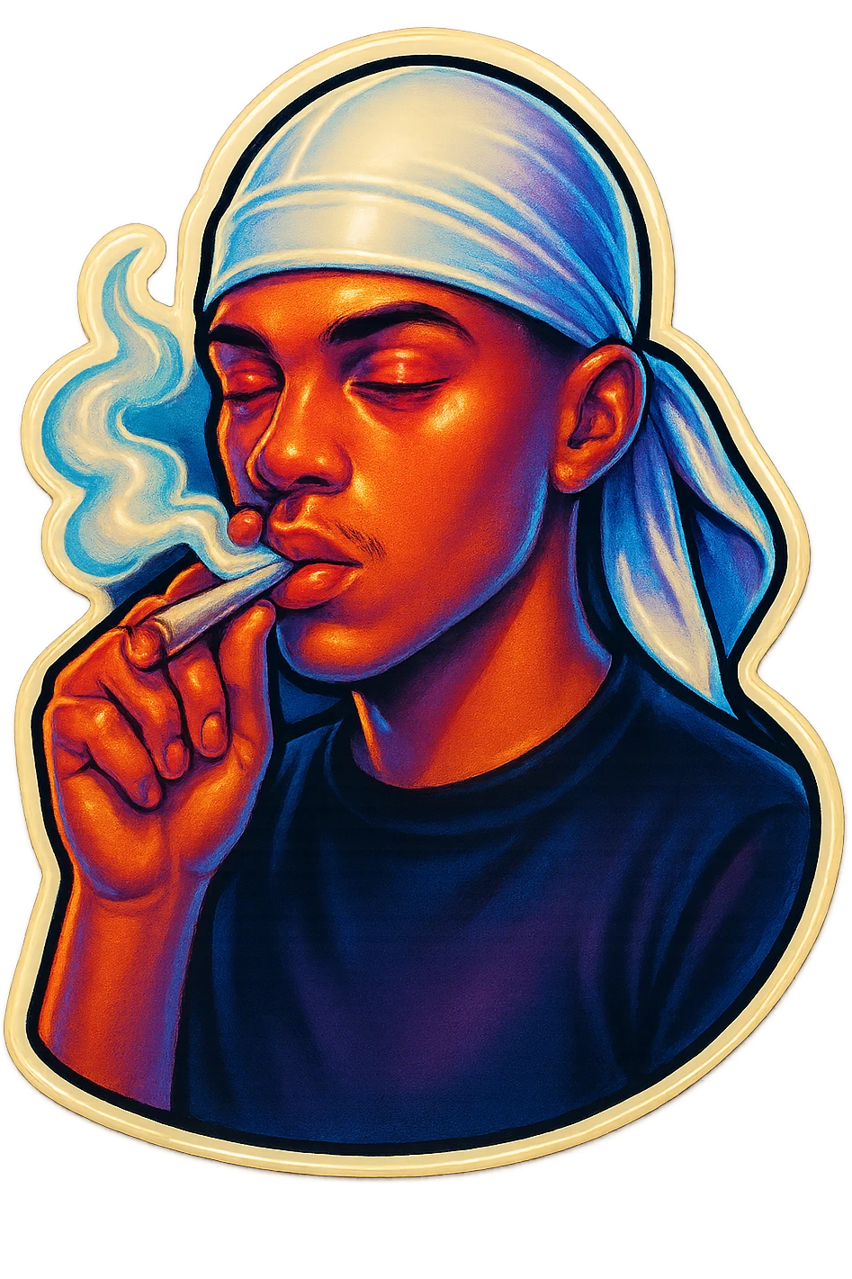 Red eyes lids
Smoking weed
Change His durag To white emoji