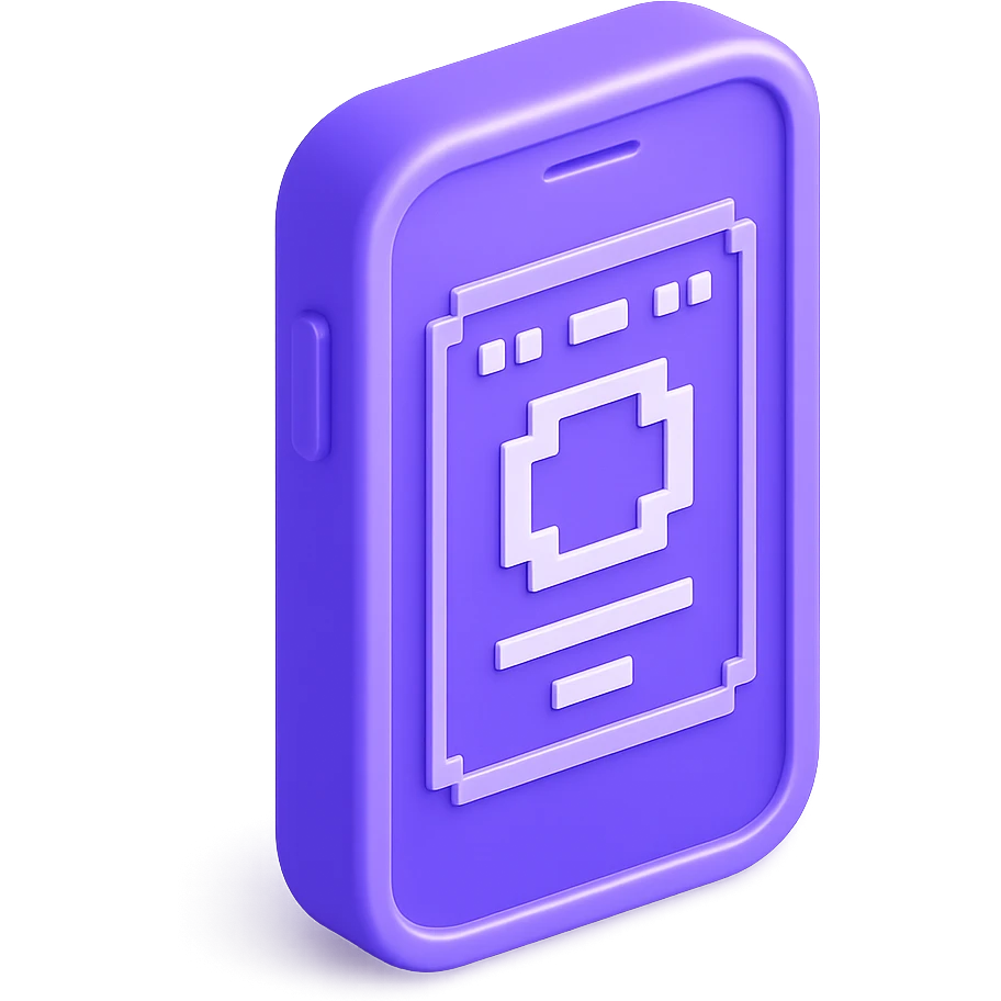 3D smartphone icon, purple color, pixel art accents on the screen, glossy and dimensional emoji