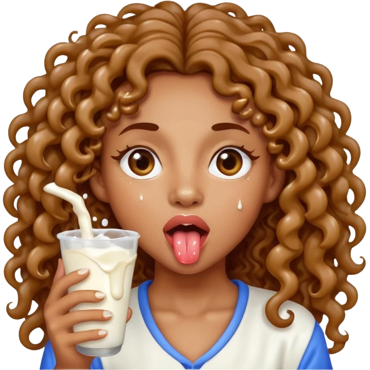 a mixed girl with long curly hair sticking her tongue out with milk drops dripping from tongue emoji