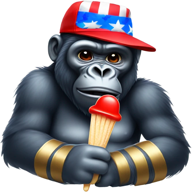 Gorilla holding red white and blue popsicle with backwards hat emoji