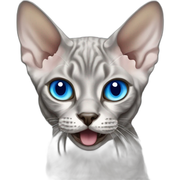 grey Devon Rex cat with blue eye open mouth emoji