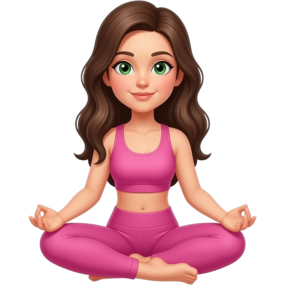 girl doing sit down yoga in a pink workout set with long brown hair and green eyes, dont make the head too big because i want it to be proportionate to the body please emoji