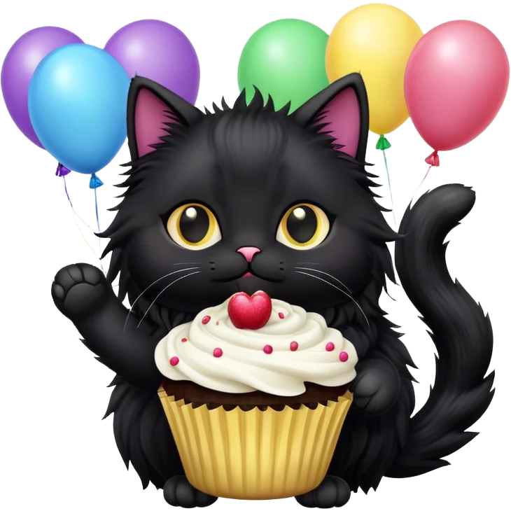 Long haired black cat fluffy with cupcake balloons emoji