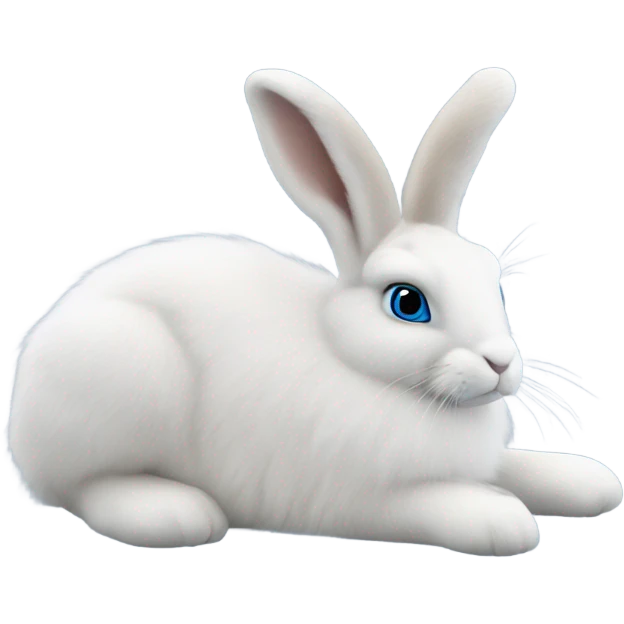 snowshoe hare very fluffy with no feet showing. laying down, side view, blue eyes emoji