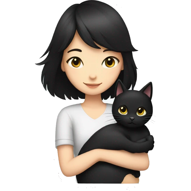 girl with black hair hugging a black cat emoji