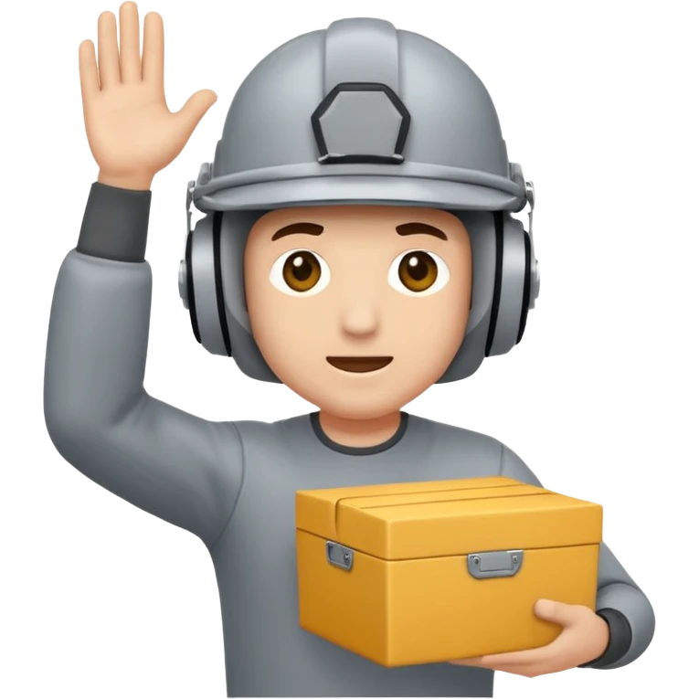 Tengo que dar una capacitacion de orgonomia, necesito un emoji de un operario con casco blanco y buzo gris de manga larga que levante una caja cerrada con las dos manos a la altura de los hombros y que tenga cara de esfuerzo fisico emoji