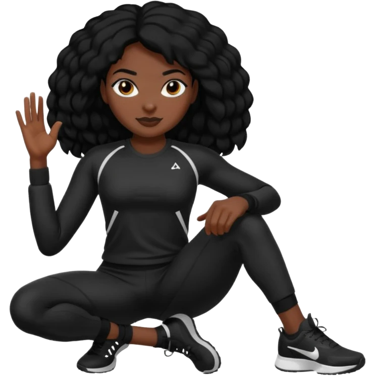 Femme noire avec cheveux noir et qui fait du sport en tenue noire.  emoji