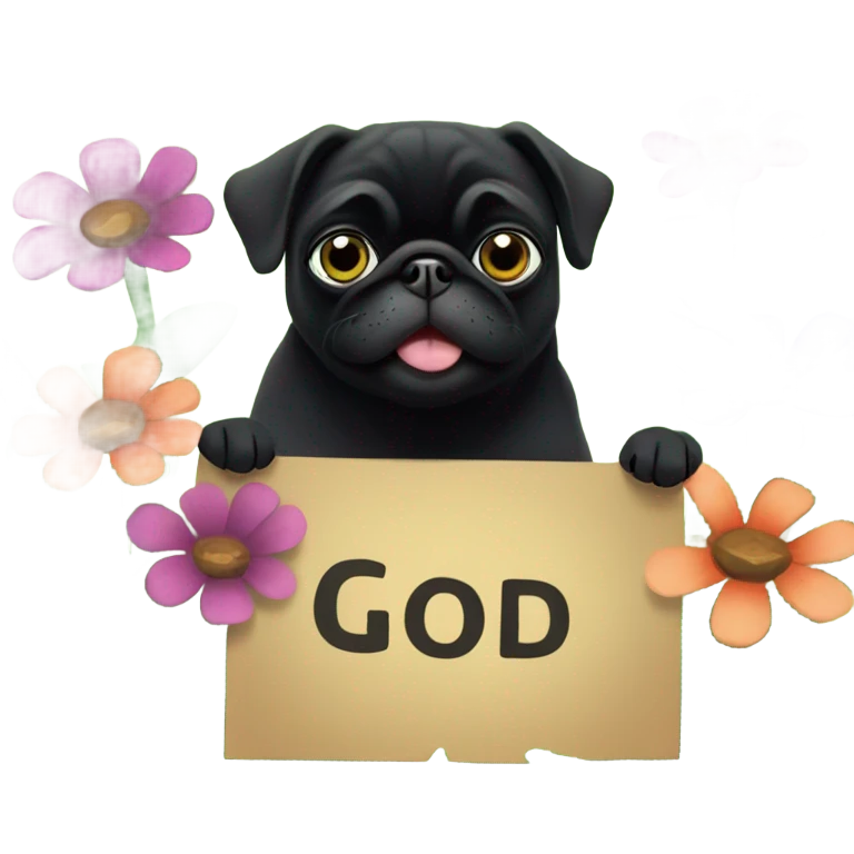 Black pug , surrounded by flowers, holding a green sign that says “good luck”  emoji
