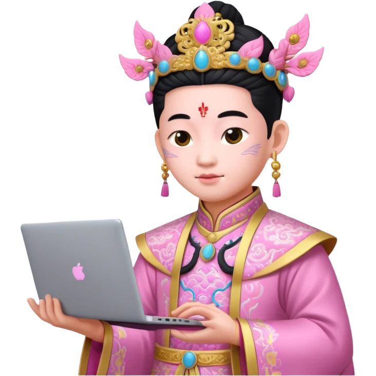 chinese god with laptop, pink emoji