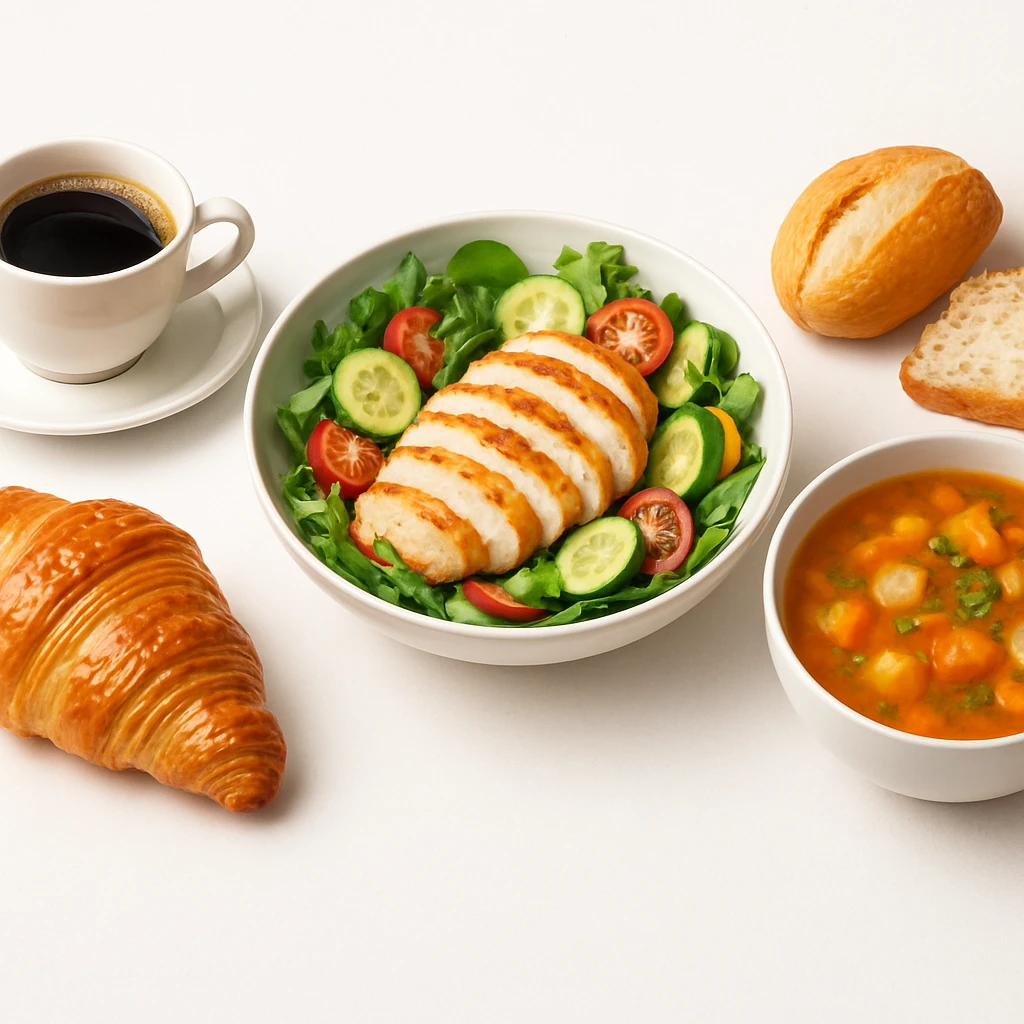 hyperrealistic 4K composition of three main meals on white background: breakfast with coffee and croissant, lunch with salad and chicken, dinner with soup and bread, each dish distinct and appetizing, minimalist style, bright atmosphere, clean and orderly arrangement emoji