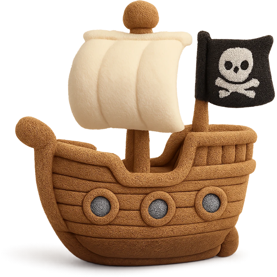 A plush pirate ship toy with soft fabric sails, embroidered wooden details, cute stitched portholes, and a friendly jolly roger flag emoji