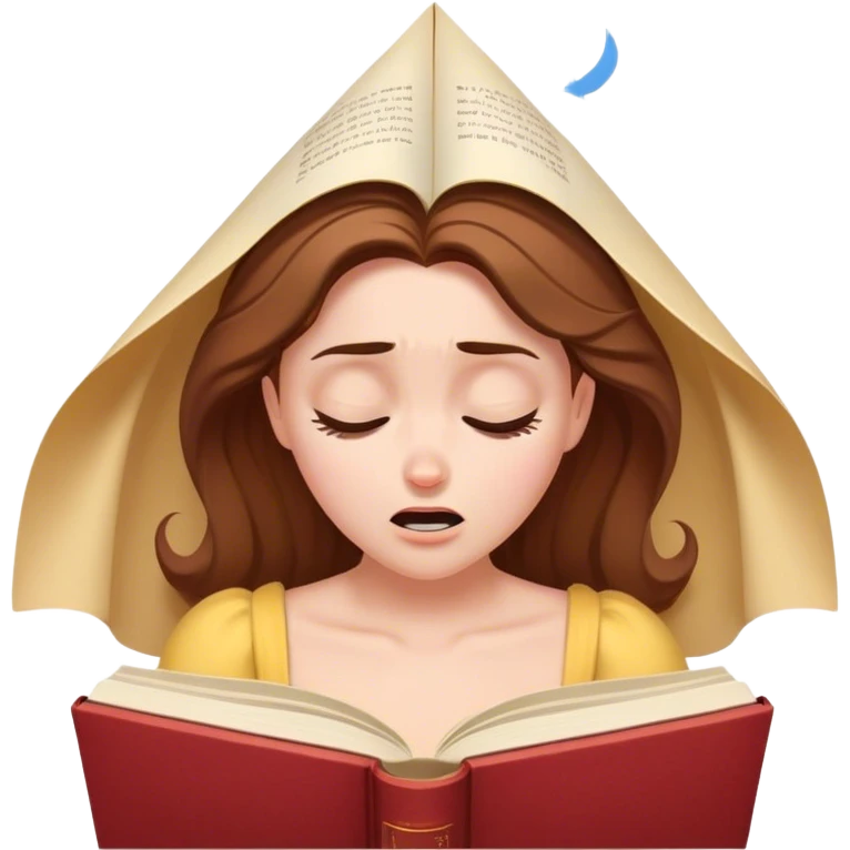 Cinematic Funny Belle Portrait Emoji, Looking exasperated as a book lands on her head, one eye twitching, caught in a hilariously relatable moment of book-lover clumsiness! emoji