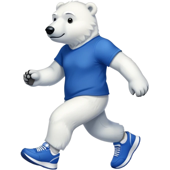 strong-looking friendly anthropomorphised polar bear walking with a confident stride, wearing a royal blue t-shirt, black pants, and trainers emoji