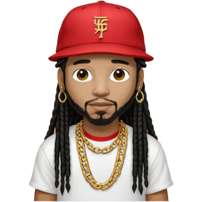 Lil jon with black dreadlocks, red baseball hat, white t shirt and gold chain  emoji
