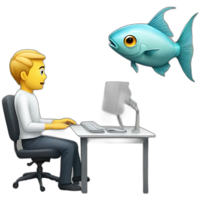 Fish with human body watching a man with computer head emoji