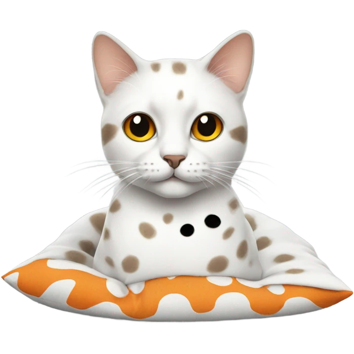 Cat on pillow with a white coat and gray and orange and black spots emoji