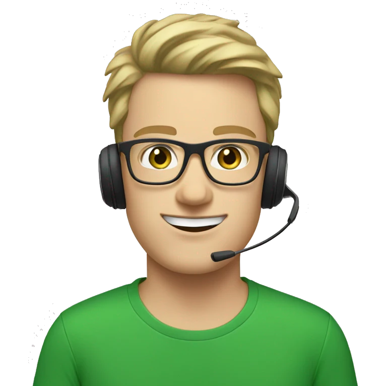 white young man with square glasses and blue eyes wearing green t-shirt with laptop and headset emoji