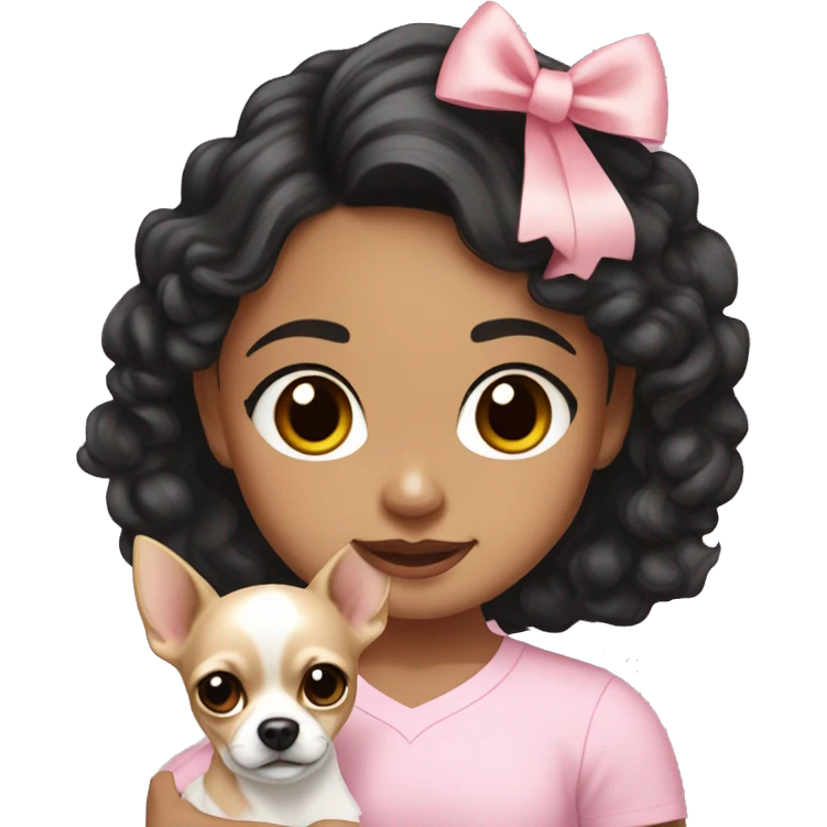 Hispanic girl medium black wavy hair wearing a light pink shirt holding a white and tan chihuahua with a pink bow  emoji