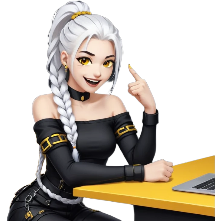 ghibli style, she is laughing outrageously and pounding her fist on the table, a closeup portrait of young woman with gold yellow eyes, white hair, long braid, black off-shoulder top, punk gothic style, futuristic cyberwave cyberpunk, sitting position
 emoji