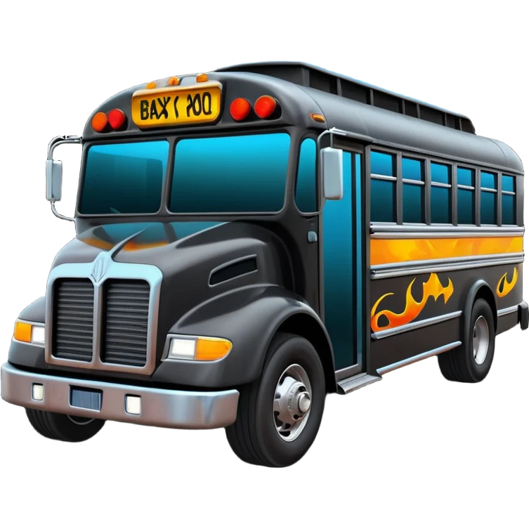 Mad max survival apocalypse ghostly Darth Vader’s Batman-armored 1886 black graphite colored school bus with horizontal holographic flames painted on the side and neon under glow  emoji