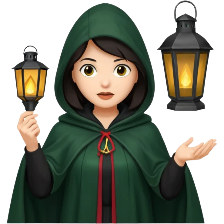traitor tv show, dark haired woman wearing dark green cloak with hood up who looks very evil and is holding up a lantern emoji