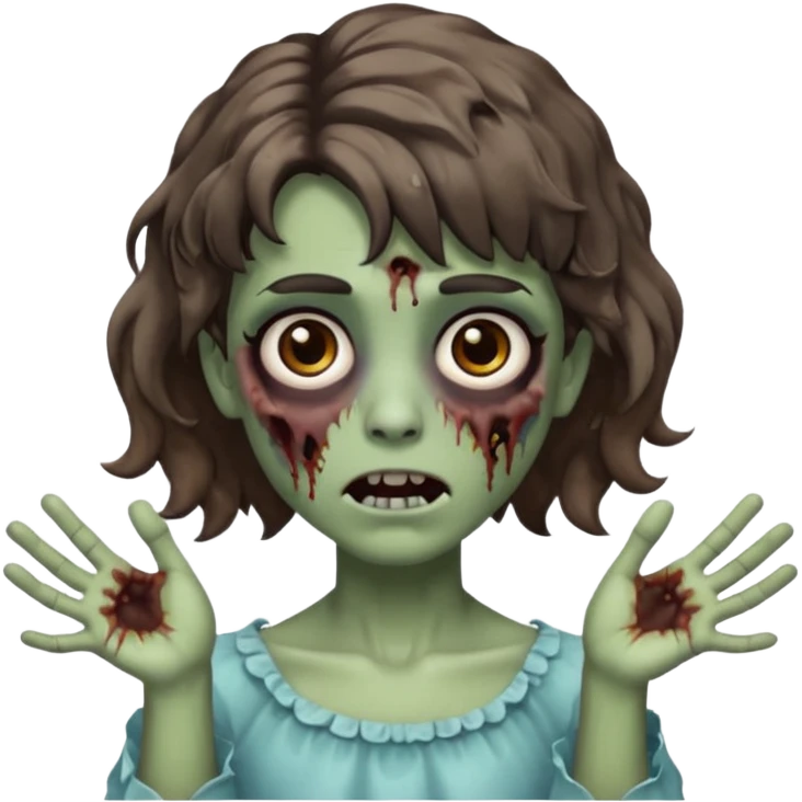 Cabelo ondulado  um pouco cheio e franja curta  Olhos marrons e pequenos e feita d ezumbi mais bonita com cabelo amarro na e com as mãos assim tipo assim🧟‍♀️ emoji