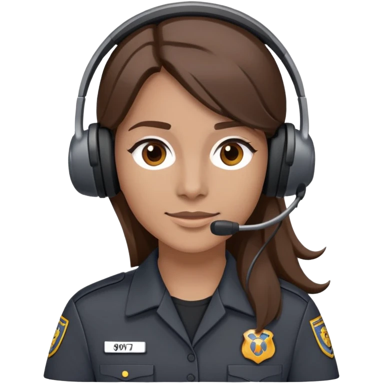 911 dispatcher dark gray uniform, long brown hair, head set emoji