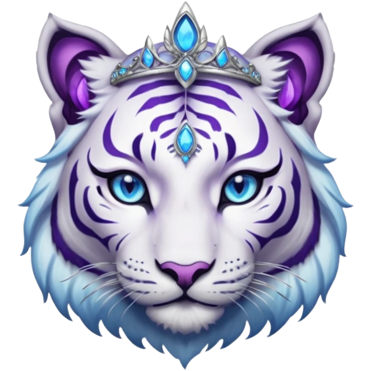 ESO Female white/black tiger khajiit leader of the umbral rose, glowing blue eyes, glowing blue 'third eye' gem; beautiful purple gemmed silver tiara emoji