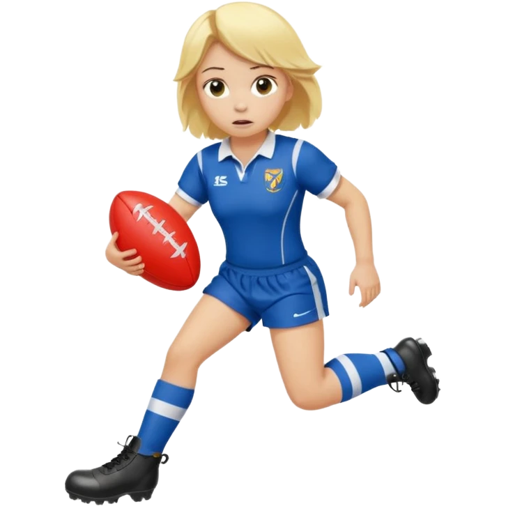 chica rubia con cara de miedo vestida con equipación de rugby con unas botas inflables emoji