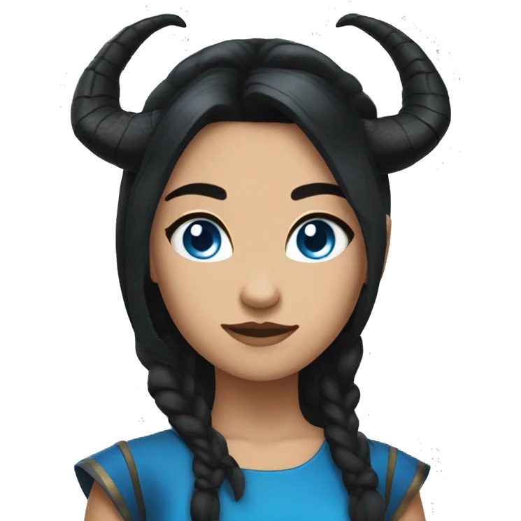 a girl with black dragon horns,she has black hair with blue accents, she has blue eyes, she has golden earrings. emoji