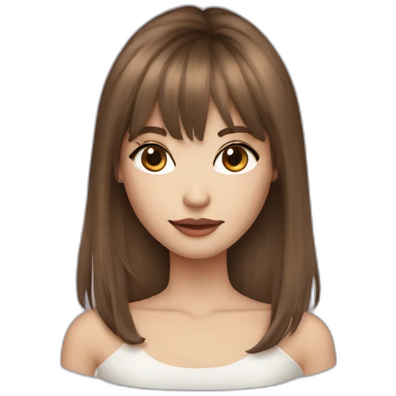 long brown hair skinny girl with curtain bangs, thin face and makeup from head to chest emoji