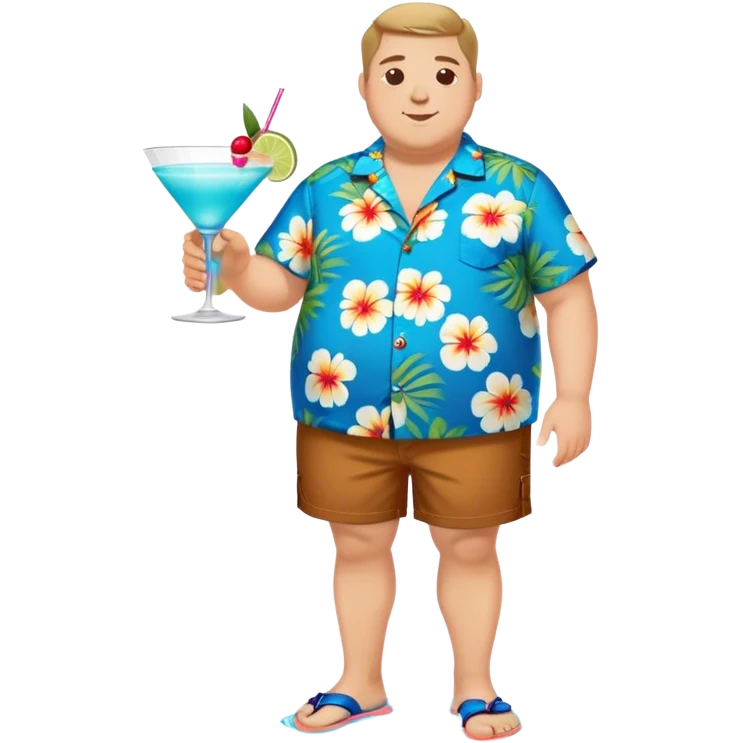 chubby guy full figure in a flowered azure havai shirt, brown shorts and flippers holding a cocktail emoji