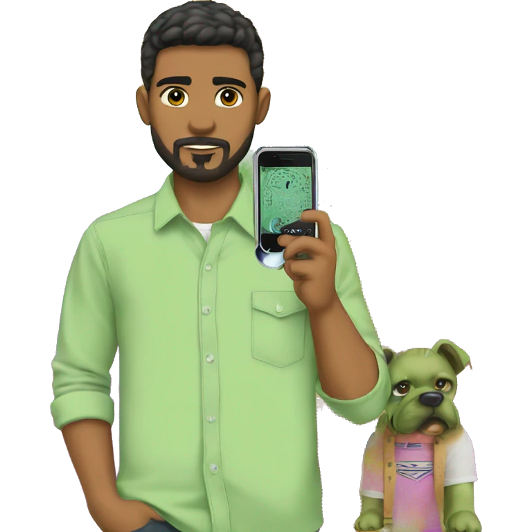 green shirt boy holding phone emoji