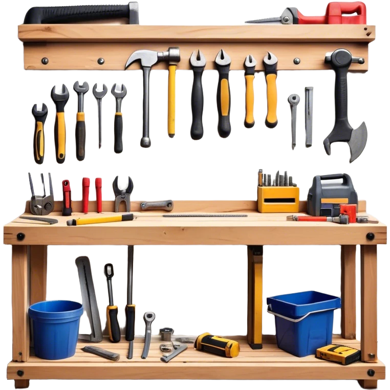 a collection of building supplies, including wooden planks, bricks, metal pipes, nails, screws, a hammer, a saw, and a measuring tape. neatly arranged on a sturdy workbench with a rugged, industrial vibe. emoji