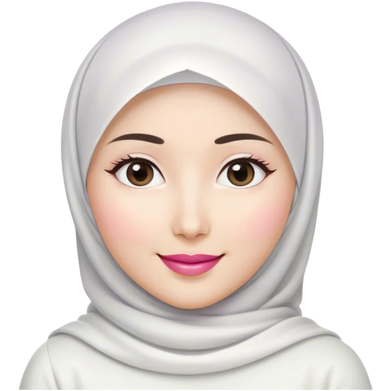 Asian white woman hijab, her hijab color are white, her face is small oval, her lips are pink, her eyes are shining, her face looks happy showing her teeth, her eyes are also smiling, her outfit color are white emoji