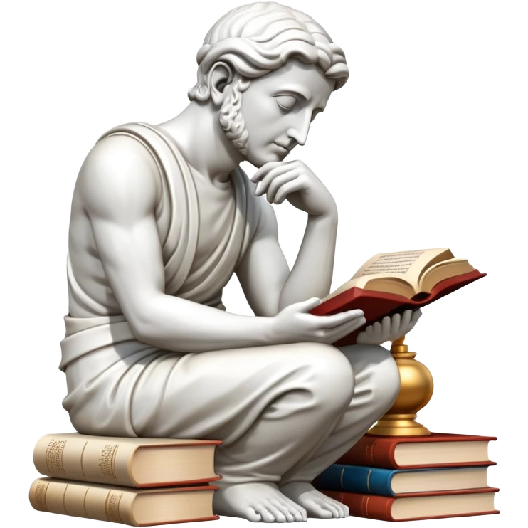 An icon featuring a Thinker statue, a scroll, symbolizing philosophy. The design includes books and abstract symbols representing deep thought and wisdom. Transparent background highlights the study of ideas, logic, and existential questions emoji