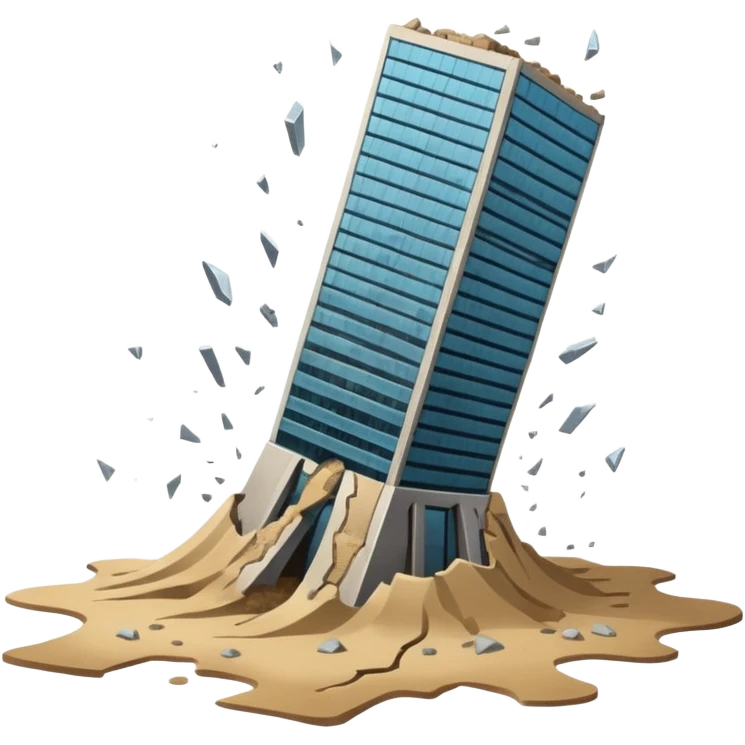 A skyscraper collapsing on quicksand, with floors breaking apart and falling out of the structure, glass and steel debris falling, realistic lighting, cinematic atmosphere, dramatic destruction, ultra detailed emoji