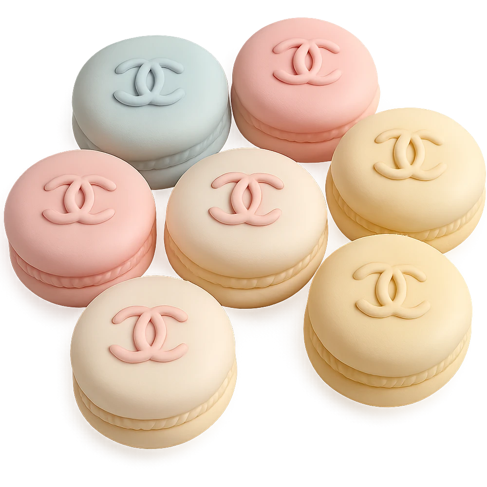 pastel Chanel macarons, each with a small edible logo, delicate and elegant emoji