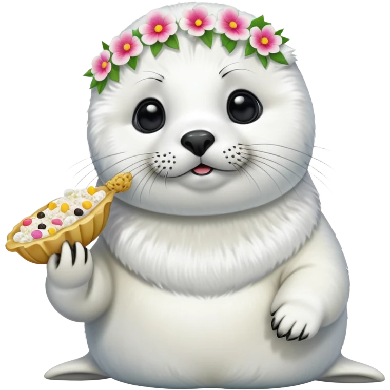Training a harp seal wearing flower hair pin with food at beach with  emoji