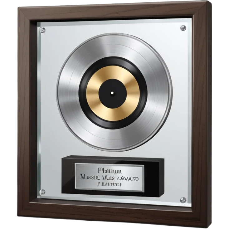 A platinum music award plaque: a square, polished platinum plate with a subtly textured, mirror-like finish, mounted on a simple dark wood base. The center features a relief of a or stylized vinyl record in a slightly darker metallic tone.  emoji