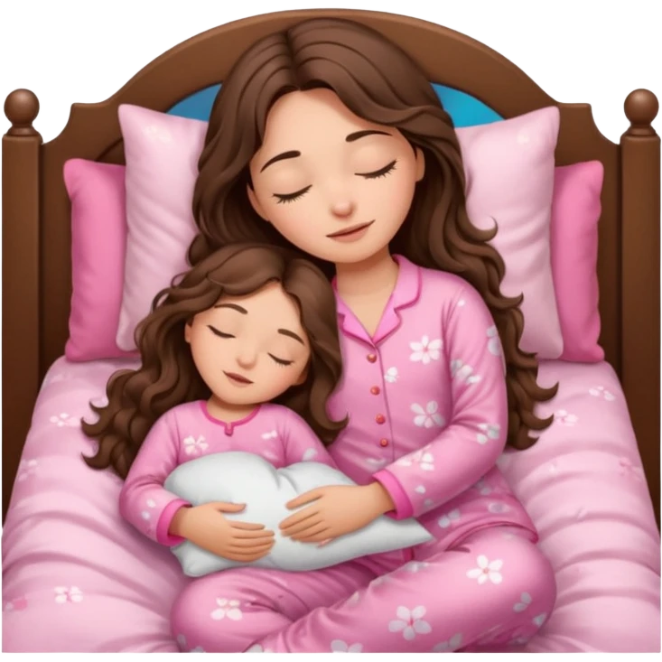 Brunette girl with long wavy brown hair with brown eyes and sleeping on a withe bed with cute pink pjs (just one whirl) and with closed eyes emoji