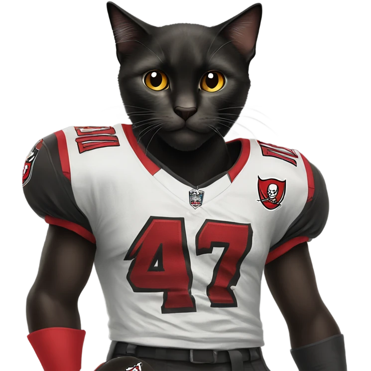 Black cat wearing Buccaneers jersey ￼ emoji