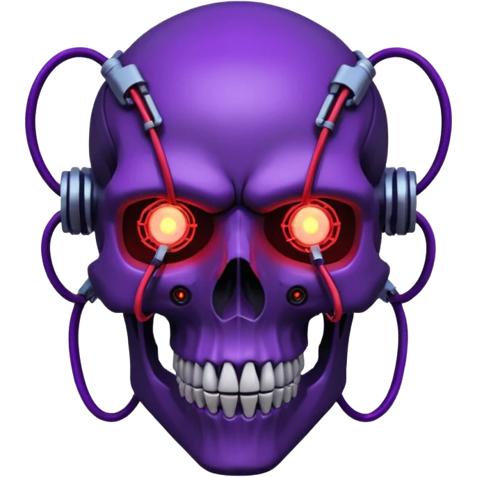 Cyberpunk shield, skull with cybernetic implants, glowing wires, dark purple and red tones, no background emoji
